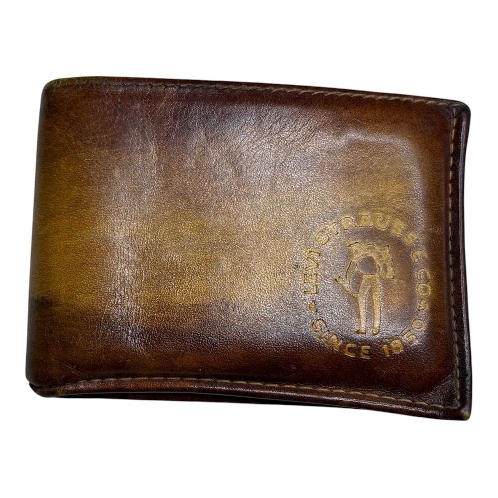 Vintage 1970s Levi Strauss & Co Orange Tab Leather Brown Wallet Denim Lining